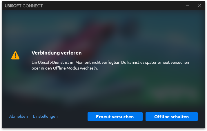 Bildschirmfoto mit der Fehlermeldung, dass die Verbinung zum Ubisoft-Dienst verloren wurde